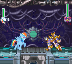 Size: 269x240 | Tagged: safe, rainbow dash, pegasus, pony, g4, angry, boss battle, crossover, double (mega man x4), evil, health bars, mega man x4, megaman x4, mockup, pixelated, video game, video game crossover