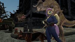 Size: 1280x720 | Tagged: safe, fluttershy, deathclaw, dog, pegasus, anthro, fallout equestria, g4, 3d, big breasts, breasts, busty fluttershy, clothes, eyebot, fallout, jumpsuit, pipboy, vault suit, weapon