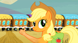 Size: 1920x1078 | Tagged: safe, artist:i-shooped-a-pwny, edit, edited screencap, editor:i-shooped-a-pwny, screencap, applejack, g4, season 2, the last roundup, 1000 hours in ms paint, abomination, applejack's hat, bag, cowboy hat, desert, hand, hat, human arm, looking back, majestic as fuck, mountain, not salmon, road, saddle bag, suddenly hands, this is why we can't have nice things, thumbs up, train, train tracks, wat, yeehaw