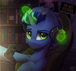 Size: 1642x1550 | Tagged: safe, artist:radioaxi, oc, oc only, pony, unicorn, chair, chest fluff, commission, controller, gaming chair, glowing horn, horn, looking at you, magic, office chair, sitting, solo