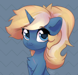 Size: 800x771 | Tagged: safe, artist:radioaxi, oc, oc only, oc:maple parapet, pony, unicorn, :3, :p, abstract background, animated, bust, chest fluff, clothes, colored pupils, commission, cute, ear fluff, eyes closed, female, fluffy, frame by frame, heart eyes, looking at you, mare, ocbetes, ponytail, scar, shoulder fluff, silly, smiling, solo, squigglevision, tongue out, weapons-grade cute, wingding eyes, ych result