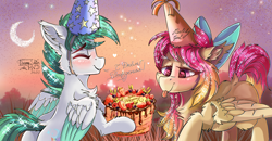 Size: 2500x1300 | Tagged: safe, artist:dreamyskies, oc, oc only, oc:dreamer skies, pegasus, pony, accessory, background pony, birthday, birthday cake, birthday gift, blushing, bow, bowtie, cake, chest fluff, cyrillic, dream, duo, ear fluff, eyes closed, female, floppy ears, fluffy, food, forest background, grass, grass field, hair bow, hat, heart eyes, male, mare, moon, party hat, pegasus oc, present, russian, scenery, shy, smiling, sparkles, stallion, stars, strawberry, sunset, text, tongue out, wingding eyes