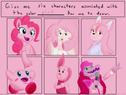 Size: 3600x2700 | Tagged: safe, artist:rockhoppr3, pinkie pie, crocodile, earth pony, gem (race), human, pig, pony, puffball, g4, bna: brand new animal, crossover, disguise, disguised diamond, female, high res, hiwatashi nazuna, kirby, kirby (series), male, multeity, piglet, pink, rose quartz (steven universe), six fanarts, steven universe, the masked singer, too much pink energy is dangerous, winnie the pooh