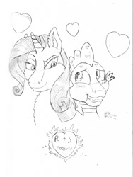 Size: 963x1280 | Tagged: safe, artist:jimfoxx, rarity, spike, dragon, pony, unicorn, g4, digital art, duo, female, heart, horn, looking at each other, male, mare, monochrome, ship:sparity, shipping, simple background, sketch, straight, white background