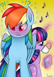 Size: 2480x3507 | Tagged: safe, artist:twidasher, rainbow dash, twilight sparkle, pegasus, pony, unicorn, g4, blushing, blushing wings, book, chest fluff, cup, drinking, duo, ear blush, female, gradient background, high res, lesbian, magic, music notes, question mark, ship:twidash, shipping, signature, simple background, unicorn twilight, yellow background