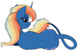 Size: 1093x727 | Tagged: safe, artist:suspega, derpibooru exclusive, oc, oc only, oc:cobalt mist, pony, unicorn, bedroom eyes, both cutie marks, eyeshadow, female, horn, leonine tail, long tail, looking at you, looking back, looking back at you, lying down, makeup, multicolored hair, on side, rainbow hair, rear view, simple background, smiling, solo, tailmouth, transparent background, unicorn oc, white outline