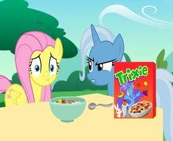 Size: 1028x837 | Tagged: safe, artist:renacer87, edit, angel bunny, fluttershy, trixie, g4, cereal, cropped, duo, food, pun, trix