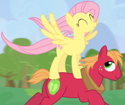 Size: 1545x1303 | Tagged: safe, artist:anarchemitis, big macintosh, fluttershy, earth pony, pegasus, pony, g4, cropped, duo, female, fluttershy riding big macintosh, male, ponies riding ponies, riding, running, ship:fluttermac, shipping, spread wings, straight, windswept mane, wings