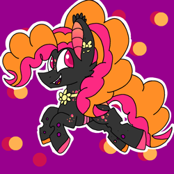Size: 1378x1378 | Tagged: safe, artist:circuspaparazzi5678, oc, oc only, oc:party palooza, changeling, changepony, earth pony, hybrid, pony, bow, ear piercing, earring, interspecies offspring, jewelry, magical lesbian spawn, offspring, parent:pinkie pie, parent:queen chrysalis, parents:chryssie pie, piercing, poofy mane, sharp teeth, solo, spots, teeth