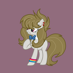 Size: 1378x1378 | Tagged: safe, artist:circuspaparazzi5678, oc, oc only, oc:fionna melody, earth pony, pony, base used, bowtie, ear piercing, earring, jewelry, offspring, pansexual, pansexual pride flag, parent:bulk biceps, parent:octavia melody, parents:bulktavia, piercing, pride, pride flag, purple background, simple background, solo