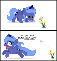 Size: 675x726 | Tagged: safe, artist:flausch-katzerl, edit, princess luna, alicorn, butterfly, pony, g4, adorable distress, artifact, cute, female, filly, foal, running, simple background, solo, transparent background, woona, younger