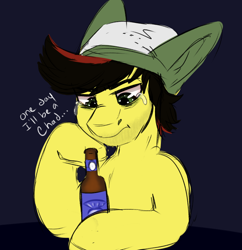 Size: 854x882 | Tagged: safe, artist:mamachubs, oc, oc only, oc:fiya, earth pony, pony, alcohol, beanie, beer, chad, crying, hat, sad, sketch, solo