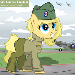 Size: 3500x3500 | Tagged: safe, artist:pizzamovies, oc, oc only, oc:marie ace, earth pony, pony, series:ponies on the front, aircraft, britain, british, clothes, female, high res, mare, royal air force, smiling, solo, supermarine spitfire, uniform, world war ii
