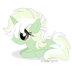 Size: 305x282 | Tagged: safe, artist:pigeorgien, artist:selenaede, oc, oc only, oc:trefoil clover, pony, unicorn, base used, cute, cuteness overload, female, filly, foal, lying, pigeorgien is trying to murder us, simple background, solo, younger