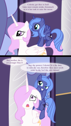 Size: 914x1628 | Tagged: safe, artist:kumkrum, princess celestia, princess luna, alicorn, pony, g4, comic, cute, cutelestia, duo, female, filly, floppy ears, foal, frown, grin, hair over one eye, looking up, luna riding celestia, lunabetes, open mouth, origins, pink-mane celestia, ponies riding ponies, riding, siblings, sisters, smiling, spread wings, squee, wide eyes, wings, woona, younger