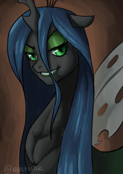Size: 2480x3508 | Tagged: safe, artist:nire, queen chrysalis, changeling, changeling queen, g4, bedroom eyes, crown, evil grin, eyelashes, eyeshadow, fangs, female, grin, high res, horn, insect wings, jewelry, looking, looking at you, makeup, regalia, smiling, smiling at you, solo, wings