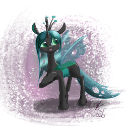Size: 1400x1400 | Tagged: source needed, safe, artist:kylami, queen chrysalis, changeling, changeling queen, g4, abstract background, crown, cute, cutealis, female, jewelry, regalia, solo