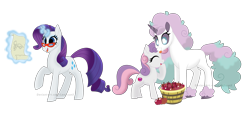 Size: 3969x1790 | Tagged: safe, artist:leaficun3, rarity, sweetie belle, pony, ponyta, g4, apple, deviantart watermark, food, glasses, magic, obtrusive watermark, pokémon, rarity's glasses, scroll, simple background, transparent background, watermark