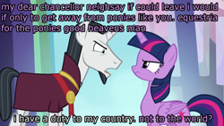 Size: 1280x720 | Tagged: safe, edit, edited screencap, screencap, chancellor neighsay, twilight sparkle, alicorn, pony, unicorn, g4, school daze, angry, caption, doctor who, duo, engrish, facial hair, female, goatee, image macro, jon pertwee, male, mare, ribbon, stallion, stare, text, third doctor, twilight sparkle (alicorn)