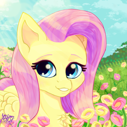 Size: 2000x2000 | Tagged: safe, artist:umbrapone, fluttershy, pegasus, pony, g4, chest fluff, cute, detailed background, female, flower, folded wings, happy, high res, looking at you, mare, outdoors, pink mane, semi-clear sky, shyabetes, signature, smiling, smiling at you, solo, standing, sun rays, wings