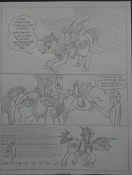 Size: 1944x2592 | Tagged: safe, artist:princebluemoon3, oc, oc:tommy the human, bat pony, human, pony, comic:sisterly silliness, armor, bags under eyes, black and white, butt, canterlot, canterlot castle, castle, child, clothes, comic, commissioner:bigonionbean, cutie mark, dialogue, embarrassed, extra thicc, flank, grayscale, hallway, human oc, jiggle, kneeling, male, monochrome, night guard, night guard armor, petting, plot, riding, riding a pony, royal guard, snorting, stallion, tail wag, thought bubble, tired, traditional art, whinny, writer:bigonionbean