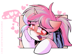 Size: 2160x1641 | Tagged: safe, artist:movieskywalker, derpibooru exclusive, oc, oc only, oc:moontrace, pony, unicorn, blushing, female, headband, heart eyes, light skin, looking at you, multicolored hair, open mouth, ponytail, simple background, smiling, solo, white background, wingding eyes