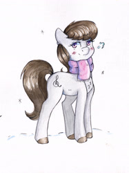 Size: 3305x4412 | Tagged: safe, artist:lightisanasshole, octavia melody, earth pony, pony, g4, blushing, brown mane, chest fluff, clothes, cold, colored hooves, cutie mark, female, looking at you, scarf, smiling, snow, snowflake, solo, traditional art, winter, winter outfit