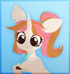 Size: 3000x3145 | Tagged: safe, artist:belka-sempai, oc, oc only, oc:belka, pony, unicorn, bust, cute, ear piercing, female, high res, holding, horn, looking at something, mare, paper airplane, piercing, ponytail, portrait, raised hoof, side ponytail, simple background, smiling, solo, telegram, telegram (software), three quarter view, unicorn oc