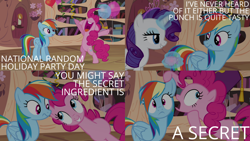 Size: 2000x1125 | Tagged: safe, edit, edited screencap, editor:quoterific, screencap, pinkie pie, rainbow dash, rarity, earth pony, pegasus, pony, unicorn, daring don't, g4, balloon, bipedal, confetti, cup, glowing horn, golden oaks library, horn, magic, magic aura, national random holiday party day, nose in the air, open mouth, surprised, teacup