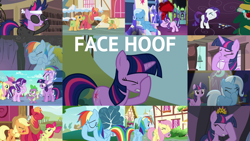 Size: 1960x1103 | Tagged: safe, edit, edited screencap, editor:quoterific, screencap, apple bloom, applejack, big macintosh, caramel, fluttershy, rainbow dash, rarity, spike, starlight glimmer, trixie, twilight sparkle, alicorn, dragon, earth pony, pegasus, pony, unicorn, a hearth's warming tail, all bottled up, applebuck season, dragonshy, equestria games (episode), flutter brutter, g4, it's about time, no second prances, rainbow falls, simple ways, the crystalling, where the apple lies, winter wrap up, bag, belly, bow, clothes, compilation, crown, eyepatch, eyes closed, facehoof, female, filly, floppy ears, future twilight, jewelry, male, open mouth, regalia, saddle bag, stallion, twilight sparkle (alicorn), unicorn twilight, vest