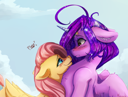 Size: 3500x2647 | Tagged: safe, artist:miokomata, fluttershy, oc, oc:dazzling talents, alicorn, pegasus, pony, g4, alicorn oc, blushing, canon x oc, female, floppy ears, freckles, freckleshy, high res, horn, lesbian, looking at each other, mare, shipping, wings