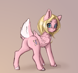 Size: 2908x2708 | Tagged: safe, artist:miokomata, oc, oc only, oc:mio, hybrid, pegasus, pony, beige background, butt, deer tail, female, freckles, high res, looking at you, looking back, looking back at you, mare, plot, ponysona, simple background, solo, wing freckles