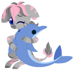 Size: 4000x3812 | Tagged: safe, artist:belka-sempai, oc, oc:celaje, dolphin, zebra, commission, cute, facial markings, hug, leonine tail, looking at you, markings, one eye closed, plushie, simple background, sitting, transparent background, ych result, zebra oc