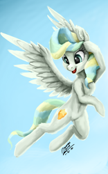Size: 1600x2560 | Tagged: safe, artist:raphaeldavid, vapor trail, pegasus, pony, g4, belly, belly button, female, flying, mare, open mouth, smiling, solo, spread wings, wings