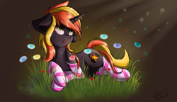 Size: 1801x1036 | Tagged: safe, alternate version, artist:yuris, oc, oc only, oc:java, pony, unicorn, abstract background, clothes, commission, floppy ears, flower, glade, socks, solo, striped socks, ych result