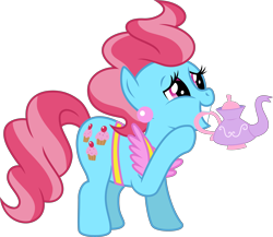 Size: 4609x4000 | Tagged: safe, artist:jeatz-axl, cup cake, earth pony, pony, g4, female, food, mare, mouth hold, raised hoof, simple background, solo, tea, transparent background, vector