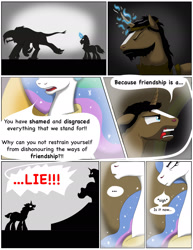 Size: 1837x2381 | Tagged: safe, artist:cactuscowboydan, princess celestia, oc, pony, unicorn, comic:outcasted, g4, comic, fanfic, monster, shout, story included