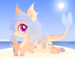 Size: 5067x4000 | Tagged: safe, artist:belka-sempai, oc, oc only, original species, pony, shark, shark pony, beach, chest fluff, commission, facial markings, heart, hoof heart, island, looking at you, lying, lying down, markings, ocean, pale belly, prone, sand, shark pony oc