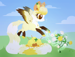 Size: 4000x3036 | Tagged: safe, artist:belka-sempai, oc, oc only, original species, pegasus, pony, chest fluff, commission, facial markings, floating, flower, food, grass, ice cream, impossibly long tail, magic, markings, pale belly, paws, pegasus oc, rose, sky, solo, spread wings, wings