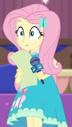 Size: 960x1683 | Tagged: safe, screencap, fluttershy, equestria girls, g4, my little pony equestria girls: better together, beautiful, clothes, cute, cutie mark, cutie mark on clothes, dress, dress interior, female, geode of fauna, magical geodes, microphone, nervous, script, shyabetes