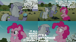 Size: 2000x1125 | Tagged: safe, edit, edited screencap, editor:quoterific, screencap, limestone pie, marble pie, pinkie pie, earth pony, pony, g4, the maud couple, caption, dialogue, duo, eye contact, female, floppy ears, gem, hoof hold, looking at each other, mare, open mouth, pie sisters, rock, rock farm, siblings, sisters, text, tree, trio