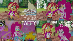 Size: 2000x1125 | Tagged: safe, edit, edited screencap, editor:quoterific, screencap, pinkie pie, sunset shimmer, equestria girls, g4, my little pony equestria girls: legend of everfree, clothes, duo, eating, eyes closed, female, gritted teeth, open mouth, surprised, taffy, that explains so much