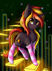 Size: 1090x1490 | Tagged: safe, alternate version, artist:yuris, oc, oc only, oc:java, pony, unicorn, abstract background, clothes, commission, horn, socks, solo, two toned mane, unicorn oc, ych result