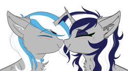 Size: 4120x2289 | Tagged: safe, artist:tizhonolulu, oc, oc:sekr gray, oc:starlit nightcast, pony, unicorn, blushing, boop, bowtie, commission, ear piercing, earring, eyepatch, eyeshadow, female, freckles, jewelry, makeup, male, noseboop, nuzzling, piercing, sekrast, shipping, signature, smiling, snaggletooth, straight, ych result