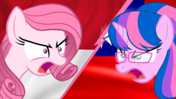 Size: 440x248 | Tagged: safe, artist:tanahgrogot, oc, oc only, oc:annisa trihapsari, oc:hsu amity, alicorn, earth pony, pony, alicorn oc, angry, argument, duo, duo female, earth pony oc, face, female, glasses, horn, indonesia, medibang paint, open mouth, request, taiwan, vector, wide eyes, wings
