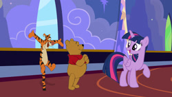 Size: 1920x1081 | Tagged: safe, artist:brerdaniel, twilight sparkle, alicorn, bear, big cat, pony, tiger, g4, bouncing, crossover, happy, jumping, pooh, tigger, twilight sparkle (alicorn), twilight's castle, winnie the pooh