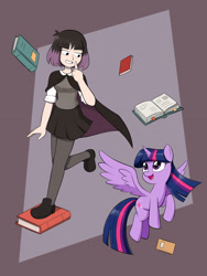 Size: 1200x1600 | Tagged: safe, artist:mew-me, twilight sparkle, alicorn, human, pony, g4, book, crossover, hilda (netflix), kaisa, twilight sparkle (alicorn)