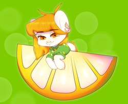 Size: 1280x1042 | Tagged: safe, artist:azaani, oc, oc only, earth pony, pony, chibi, clothes, cute, ear piercing, earring, female, food, fruit, jewelry, lemon, mare, piercing, shirt, simple background, solo