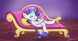 Size: 3000x1600 | Tagged: safe, artist:empyu, rarity, pony, unicorn, g4, eating, eyes closed, fainting couch, female, food, glowing horn, horn, ice cream, lying down, mare, on back, solo, that pony sure does love ice cream