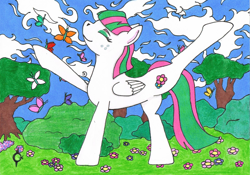 Size: 1654x1156 | Tagged: safe, artist:assertiveshypony, blossomforth, butterfly, pegasus, pony, g4, blue sky, bush, cloud, cloudy, cutie mark, detailed background, eyes closed, flower, raised hooves, traditional art, tree